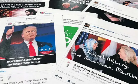  ?? JON ELSWICK/AP FILES ?? These Facebook and Instagram ads were linked to a Russian effort to disrupt the American elections in 2016. Russians and other parties with destructiv­e agendas have not only meddled in the United States using social media as weapons — they have tried...