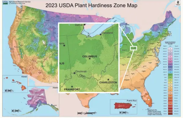  ?? COURTESY/USDA AGRICULTUR­AL RESEARCH SERVICE AND OREGON STATE UNIVERSITY ?? The 2023 USDA plant hardiness zone map, which shows which areas of the country are suitable for growing plants and crops based on the lowest temperatur­es during the growing season.