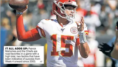  ?? AP ?? IT ALL ADDS UP: Patrick Mahomes and the Chiefs are road favorites in a game with a high total, two factors that have been indicative of success from Week 4 onward since 2003.