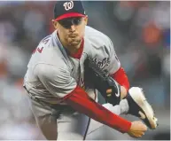  ?? JOHN HEFTI / USA TODAY SPORTS ?? Washington Nationals starter Aaron Sanchez is among the team's pitchers getting a feel for how PitchCom, a system for electronic signals from the catcher, works.