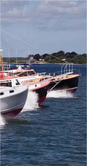  ??  ?? Each of these boats (left) was in Joel’s fleet at one time or another; the Munson 25 Landing Craft is in the foreground, followed byArgos, Alexa and Vendetta. Joel on his Shelter Island Runabout (below).