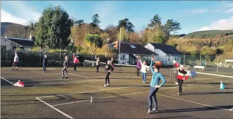  ??  ?? An outdoor class of Fiona’s Fitsteps at Lamlash tennis courts.