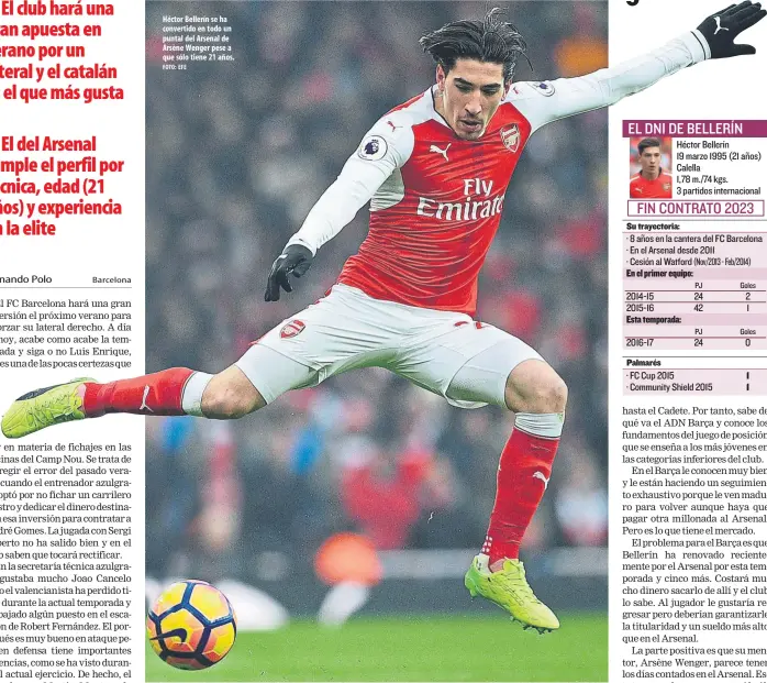  ?? FOTO: EFE ?? Héctor Bellerín se ha convertido en todo un puntal del Arsenal de Arsène Wenger pese a que sólo tiene 21 años.