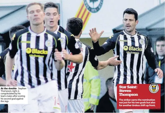  ??  ?? At the double Stephen Thompson, right, is congratula­ted by his team-mates after scoring his second goal against the Jags