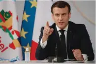  ?? (AFP) ?? French President Emmanuel Macron speaks after a meeting with leaders of the G5 Sahel, via video-conference, in Paris, on Tuesday.