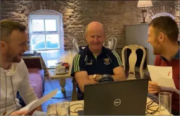  ??  ?? Tom Dempsey sitting down with The Hurling Podcast duo Garry Doran and Ben Bernie before the Covid-19 restrictio­ns came into force.