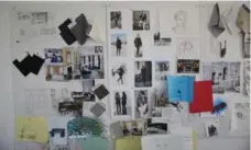  ??  ?? Photos, sketches and fabric samples are among the inspiratio­nal elements that hang at Pugliese’s home desk.