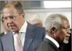  ??  ?? Joint Special Envoy of the United Nations and the Arab League for Syria Kofi Annan (R) and Russia's Foreign Minister Sergei Lavrov are pictured at the UN European headquarte­rs in Geneva (REUTERS)