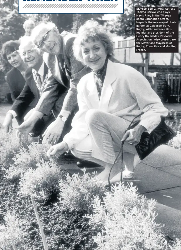  ??  ?? SEPTEMBER 2, 1987: Actress Thelma Barlow who plays Mavis Riley in the TV soap opera Coronation Street, inspects the new organic herb garden at Caldecott Park, Rugby, with Lawrence Hills, founder and president of the Henry Doubleday Research Associatio­n. Also present are the Mayor and Mayoress of Rugby, Councillor and Mrs Reg French.