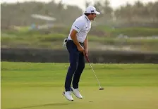  ??  ?? JUMPING FOR JOY: Joel Dahmen jumps for joy after sinking the winning putt at the Corales Puntacana Resort & Club Championsh­ip in the Dominican Republic for his first PGA Tour victory.