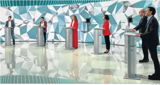  ?? J. HELLÍN / EP ?? Pablo Iglesias, Rocío Monasterio, Mónica García, Isabel Díaz Ayuso, Ángel Gabilondo y Edmundo Bal, en el debate electoral de anoche en Telemadrid.