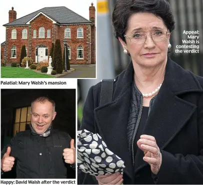  ??  ?? Palatial: Mary Walsh’s mansion Happy: David Walsh after the verdict Appeal: Mary Walsh is contesting the verdict