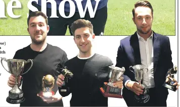  ??  ?? (From left):
Sam Singer was named best goalkeeper, Oscar Wagner with the Young Player of the Year trophies and Division One star Brad Gayer