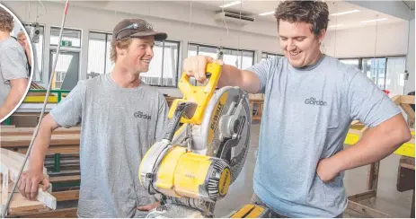  ?? ?? The Gordon carpentry students Tom Kaye and Lewis Roberts are all smiles after the free rego promise; and (inset) meeting Premier Daniel Andrews during his Geelong visit. Pictures: Brad Fleet