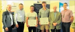  ??  ?? Freemasons Willson Lewis Scholarshi­p recipients Cameron McIntosh and Thomas Monaghan with Danny Reilly, Paal Iversen, Malcolm Pettman and Darren Shadbolt.