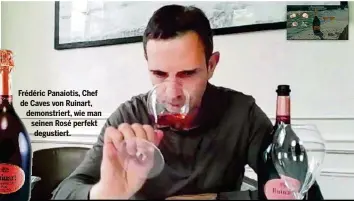  ??  ?? Frédéric Panaiotis, Chef de Caves von Ruinart, demonstrie­rt, wie man seinen Rosé perfekt degustiert.