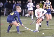  ?? THOMAS NASH — DIGITAL FIRST MEDIA ?? Perkiomen Valley’s Gabby Martina (3) sends one upfield during the second half of Tuesday’s PAC semifinal against Upper Perkiomen.