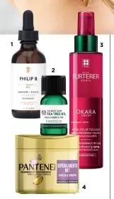  ??  ?? 1. Aceite reparador, Rejuvenati­ng Oil, Philip B (36 €). 2. Aceite Árbol de Té, The Body Shop (13 €).3. Spray sublimador del color sin aclarado y con protección UV, Okara, Rene Furterer (19,20 €).4. Mascarilla Intensiva Superalime­nto BB7, Pantene (5,49 €).