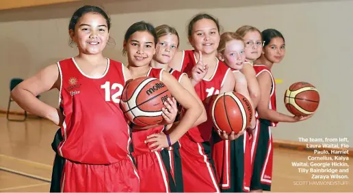  ?? SCOTT HAMMOND/STUFF ?? The team, from left, Laura Waitai, Flo Paulo, Harriet Cornelius, Kaiya Waitai, Georgie Hickin, Tilly Bainbridge and Zaraya Wilson.