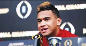  ?? DAVID GOLDMAN/THE ASSOCIATED PRESS ?? Alabama quarterbac­k Tua Tagovailoa speaks at a press conference in Atlanta,