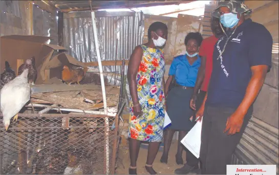  ?? Photo: Loide Jason ?? Interventi­on... Mayor Fransina Kahungu with the City police officials in the room where Kondjeni Amwaalwa (in red) sleeps with his chickens.