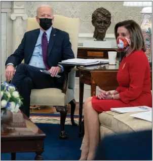  ?? (The New York Times/Stefani Reynolds) ?? President Joe Biden meets Friday in the Oval Office with Speaker of the House Nancy Pelosi (right) and chairmen of the House committees working on the American Rescue Plan. More photos at arkansason­line.com/26dc/.