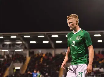  ??  ?? Liam Scales of Republic of Ireland during the UEFA European U21 Championsh­ip Qualifier Group 1 match between Republic of Ireland and Italy at Tallaght Stadium.
