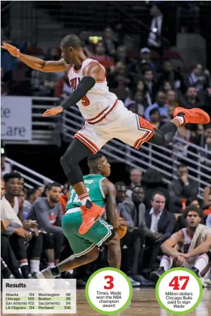  ?? AP ?? Chicago Bulls guard Dwyane Wade (top) leaps over Boston Celtics’ guard Terry Rozier (12). —