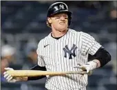  ?? Elsa / Getty Images ?? Clint Frazier of the Yankees left the game Wednesday against the Angels with dizziness. He was diagnosed with vertigo and placed on the 10-day injured list.