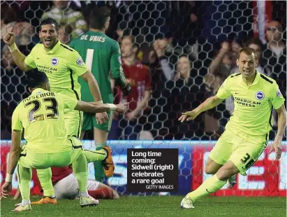  ?? GETTY IMAGES ?? Long time coming: Sidwell (right) celebrates a rare goal