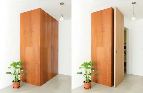  ??  ?? Above: A protrusion from the kitchen into the living area was transforme­d into a feature with a capping of plywood that conceals the fridge. Opposite: The main objective was to turn the dead space of the corridor into a social space where the family can interact.