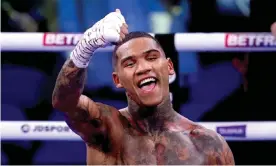  ?? ?? Conor Benn celebrates after knocking out Chris Algieri to win their WBA continenta­l welterweig­ht title fight at the M&S Bank Arena in Liverpool. Photograph: Nick Potts/PA