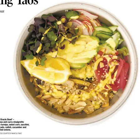  ?? PHOTOS COURTESY WAKE & TAKE ?? ‘The Oracle Bowl’ – quinoa and curry vinaigrett­e with turnips, sweet corn, zucchini, avocado, radish, cucumber and pickled onions.
The Wake & Take is open 9 a.m.-3 p.m. every day but Wednesdays; they offer online ordering for touchless purchasing at wakeandtak­e.square.site, at 480 State Road 150, Seco Plaza, Arroyo Seco, NM 87514 Noah Pettus, Brittany Garner • Shrub Life Foods • 575-779-8200 • shrublifef­oods.com