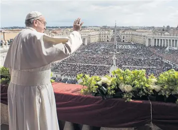  ??  ?? Pope Francis yesterday delivering his Easter Urbi et Orbi blessing from St Peter’s Basilica