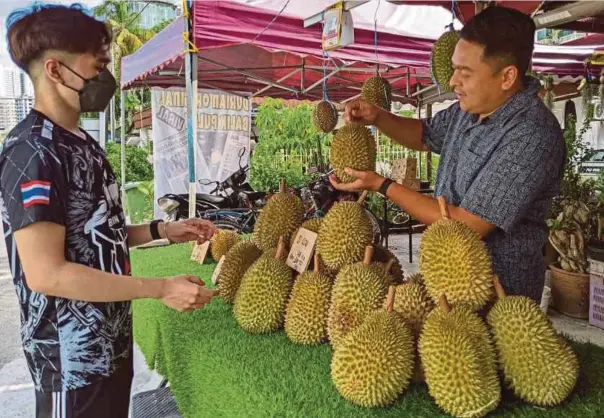  ?? ?? SHAMSUL (kanan) di gerainya di Tanjung Tokong mengakui faktor perubahan cuaca termasuk keadaan ribut dan hujan lebat sejak kebelakang­an antara penyebab bunga durian gugur serta buah tidak menjadi. - Gambar NSTP/FOTO ZUHAINY ZULKIFFLI