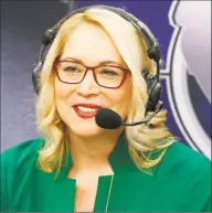  ?? Michael Ainsworth / Associated Press ?? NBA on ESPN announcer Doris Burke talks on the air prior to a game between the New Orleans Pelicans and the Dallas Mavericks in Dallas on March 4. Burke says that she tested positive for the coronaviru­s, but is now healthy.