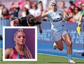  ?? Tom Dulat/Getty Images & BBC ?? Jodie Ounsley in action for Exeter Chiefs earlier this month and, inset, how she has become better known – as Fury on Gladiators