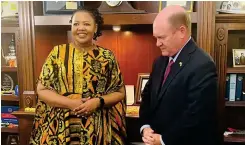  ?? ?? ▴Minister Pholile Shakantu in Washington DC with Senator Coons to clarify the concerns raised in his motion. Consultati­on resulted in the withdrawal of the proposed sanctions clause in the resolution and the resolution being adopted as a “simple resolution”.