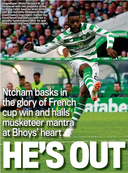  ??  ?? Magnifique: Olivier Ntcham lit up Parkhead with this exquisite strike to bring Celtic back on level terms and was instantly mobbed by his team-mates (top right). Earlier, the Frenchman had seen a claim for a penalty turned down after he was felled inside the box (bottom right)