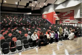  ?? (Pine Bluff Commercial/I.C. Murrell) ?? The new fine arts center at White Hall High School is pictured Tuesday, as students congregate to meet Miss Arkansas Ebony Mitchell.