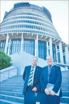  ??  ?? Federated Farmers transport spokesman Guy Wigley (left) and general policy manager Nick Clark on their way to present to the Finance and Expenditur­e Select Committee on fuel taxes.