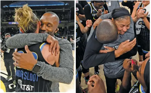  ?? PAUL BEATY/AP ?? The Sky’s authentic, family feel is apparent in Wade’s embraces with Courtney Vandersloo­t (left) and Candace Parker (right) after victories this postseason.