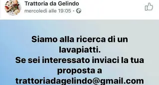  ??  ?? L’annuncio
Il messaggio pubblicato sulla pagina Facebook della trattoria «Da Gelindo» per annunciare la ricerca di un lavapiatti nel locale