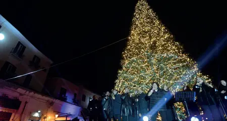  ??  ?? Luci, musica e colori, ecco l’atmosfera di festa nella città di Bari intorno a un gigantesco albero di Natale