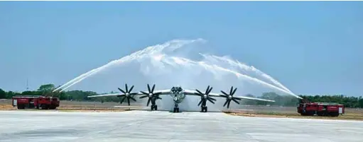  ??  ?? (TOP, L-R) Commission­ing of TU-142M by Defence Minister K.C. Pant at INS Hansa; TU static display inaugurate­d by Chief of the Naval Staff Admiral Sunil Lanba at INS Rajali; (Above) Water canon ceremony for TU-142M.