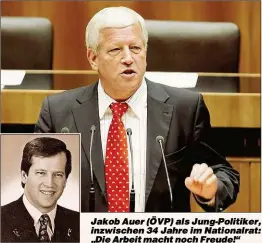  ??  ?? Jakob Auer ( ÖVP) als Jung- Politiker, inzwischen 34 Jahre im Nationalra­t: „ Die Arbeit macht noch Freude!“