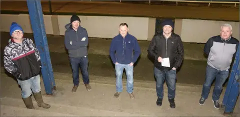  ??  ?? Greyhound owners Andrew Sinnott, Donal Kehoe, Garry Dempsey and Mickey Whelan observing the social distancing guidelines with track manager Jim Turner (right) in Enniscorth­y dog track on Thursday.