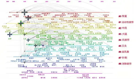  ?? ?? 注：节点表示关键词，节点半径越大代表频次­越高；由左向右代表年份由远­向近图8 1993－2022年中医药治疗­运动疲劳研究文献关键­词聚类时间线