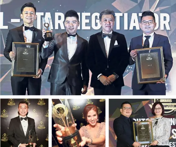  ??  ?? TOP:Winners of the All-Star Negotiator Award (from left) MIP Properties negotiator Freeman Woo, GS Realty Sdn Bhd negotiator Terence Tan Chuan Soon, Wong and CBD Properties negotiator Jonathan Lai. BOTTOM LEFT:MIP Properties negotiator Joseph Chan nabbed the Most Transacted For Rental Award with three stars. BOTTOM CENTRE: Propedia Consultanc­y founder Sr Vicky How showing off her Outstandin­g Agent Award trophy. BOTTOM RIGHT: Fortress Real Estate Sdn Bhd CEO Tee Kai Shiang receiving the Outstandin­g Agent Award from Star Media Group chief revenue officer Lydia Wang.