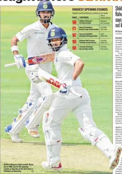  ?? AFP ?? Shikhar Dhawan (right) and KL Rahul put on 188 runs for the opening wicket on Day One of the third Test in Pallekele on Saturday.